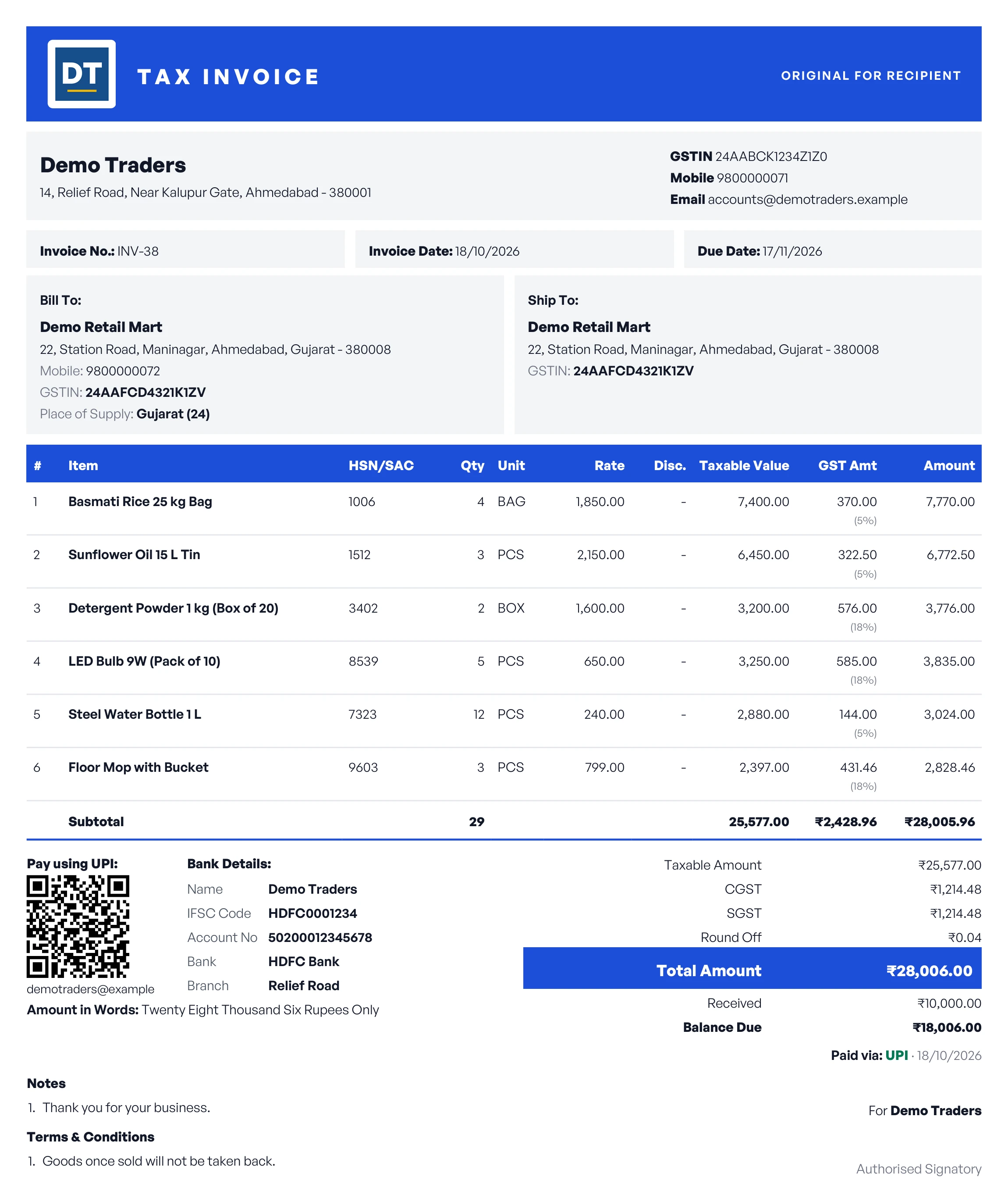 The same tax invoice in the Bold design: a blue band with the logo and title, grey panels for the seller, invoice details and parties, a blue item header and a blue Total Amount bar