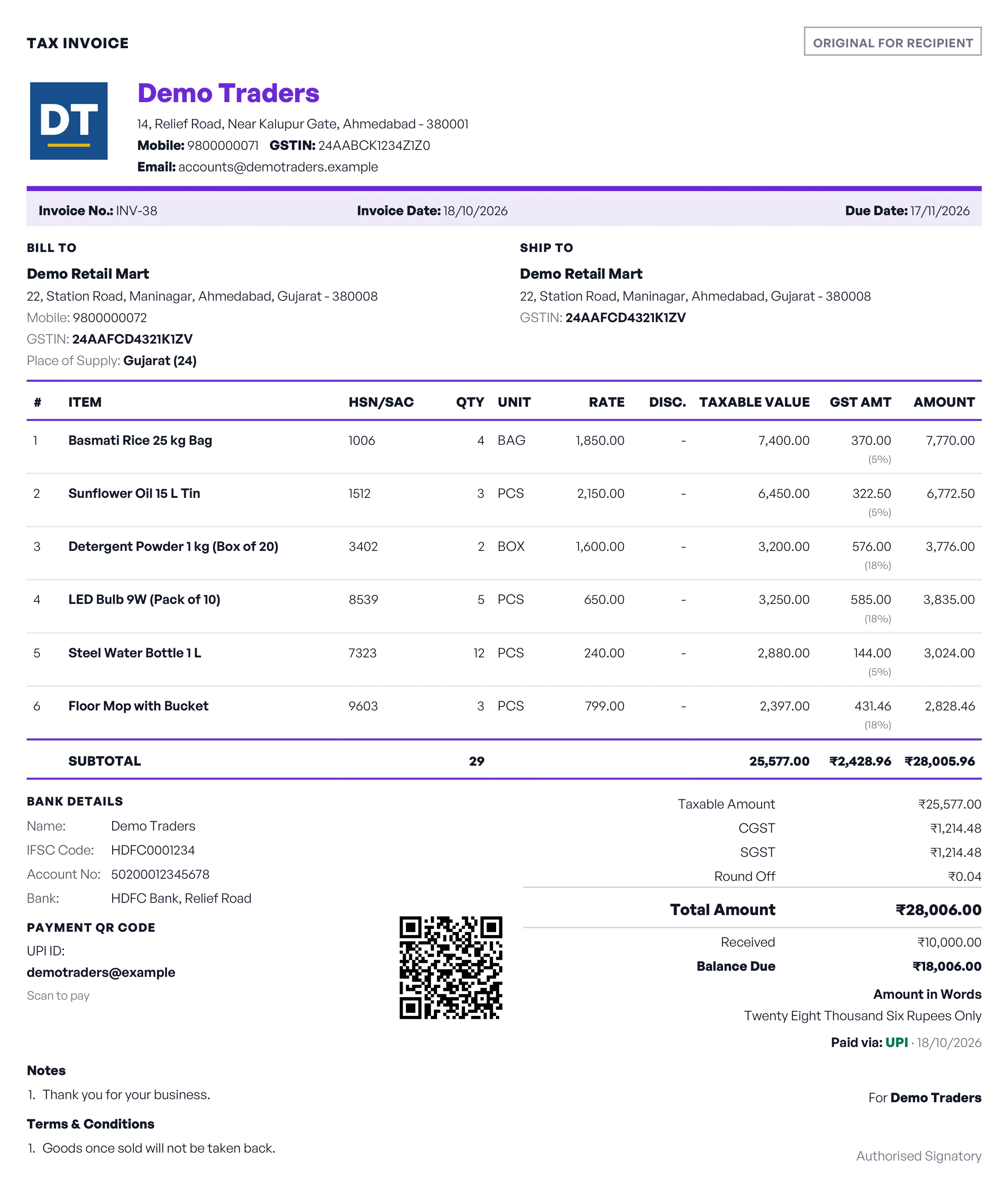 The same tax invoice in the Elegant design: the Demo Traders name in purple, a shaded strip with the invoice number and dates, GST under each line amount, bank details, a UPI QR code and Paid via UPI