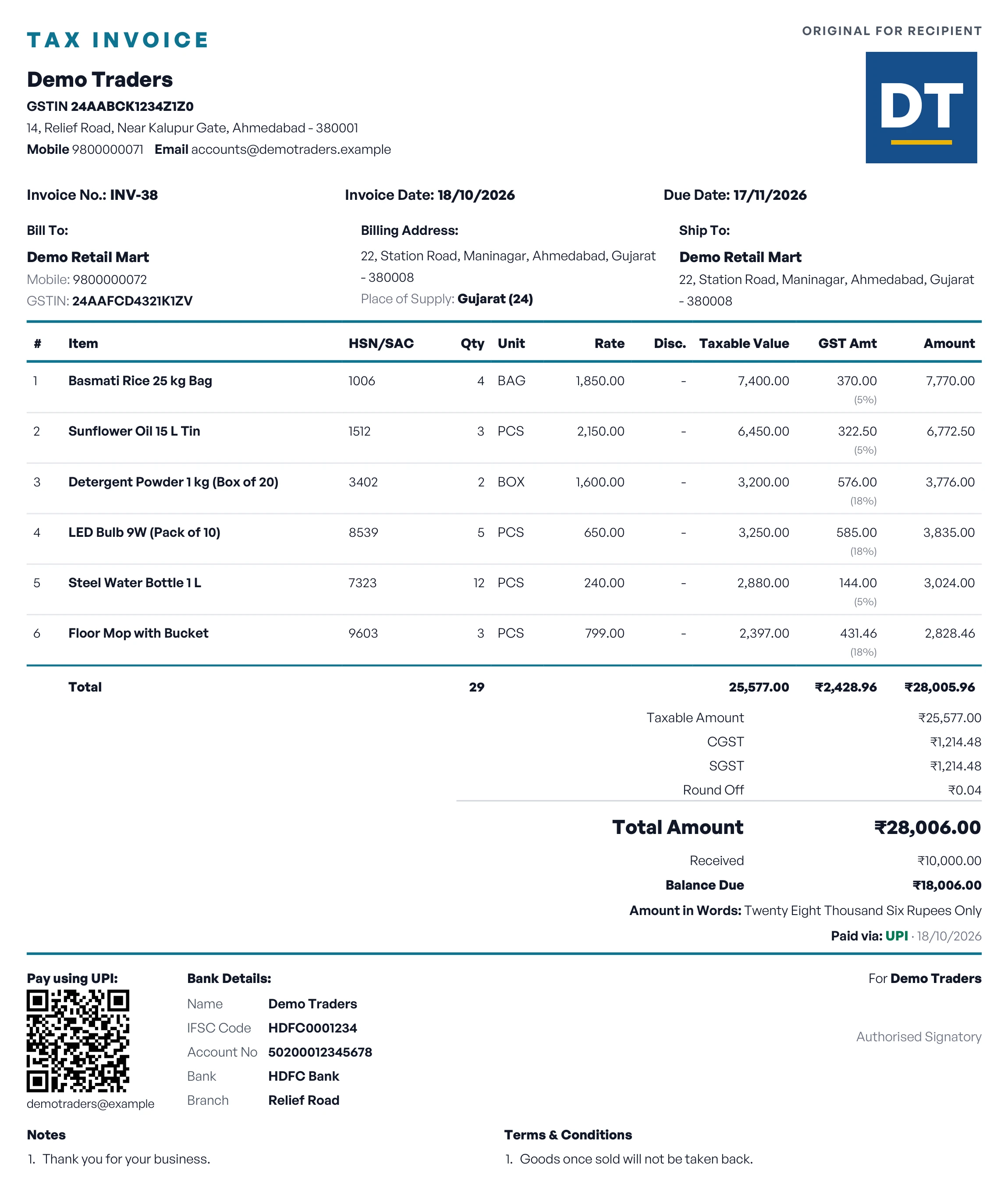 The same tax invoice in the Simple design: the title in teal, the logo on the right, invoice details in three columns, totals on the right, and the UPI QR code beside the bank details
