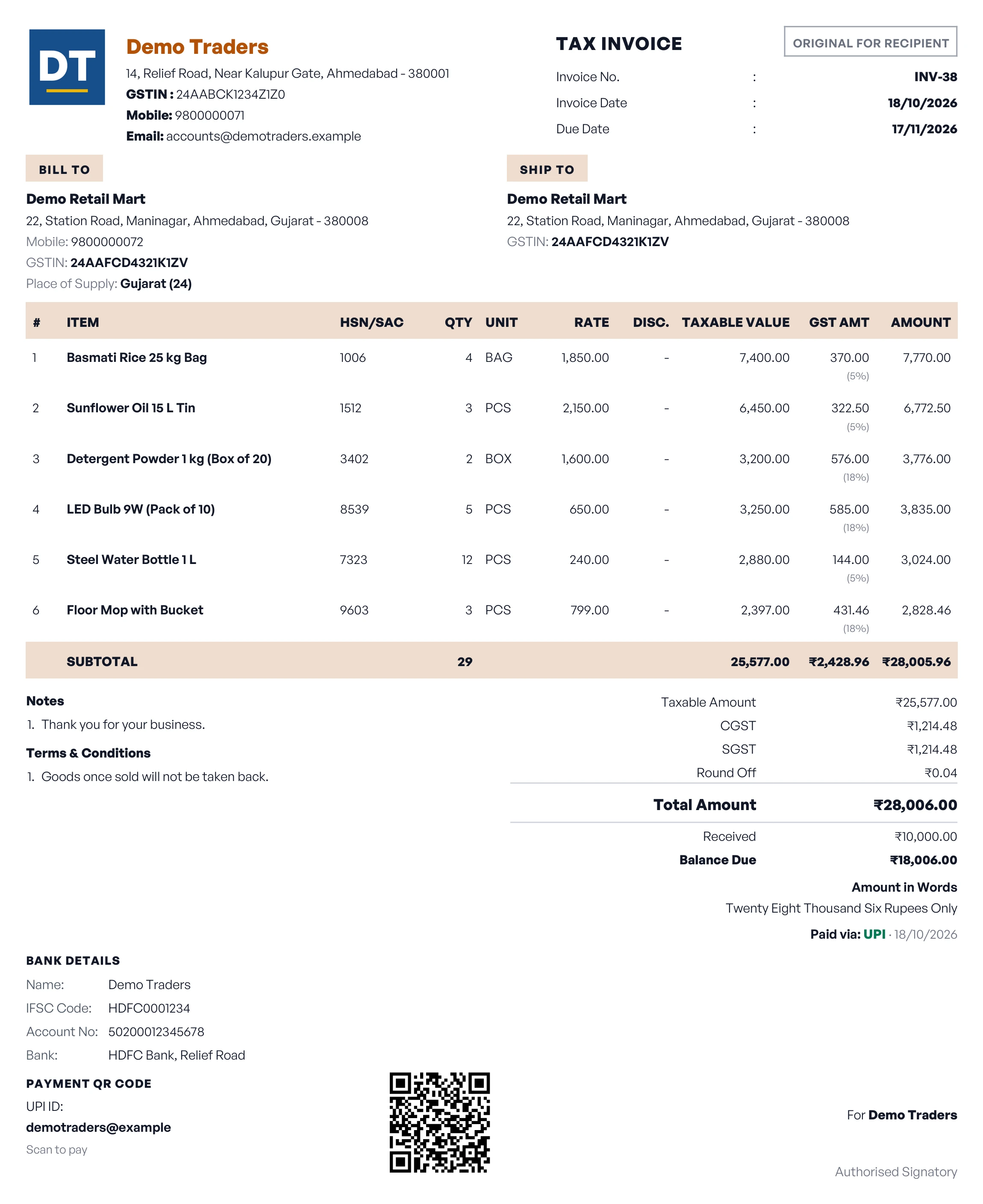 The same tax invoice in the Stylish design: invoice number and dates on the right, tinted Bill To and Ship To labels, a tinted item header and subtotal row, bank details and a UPI QR code