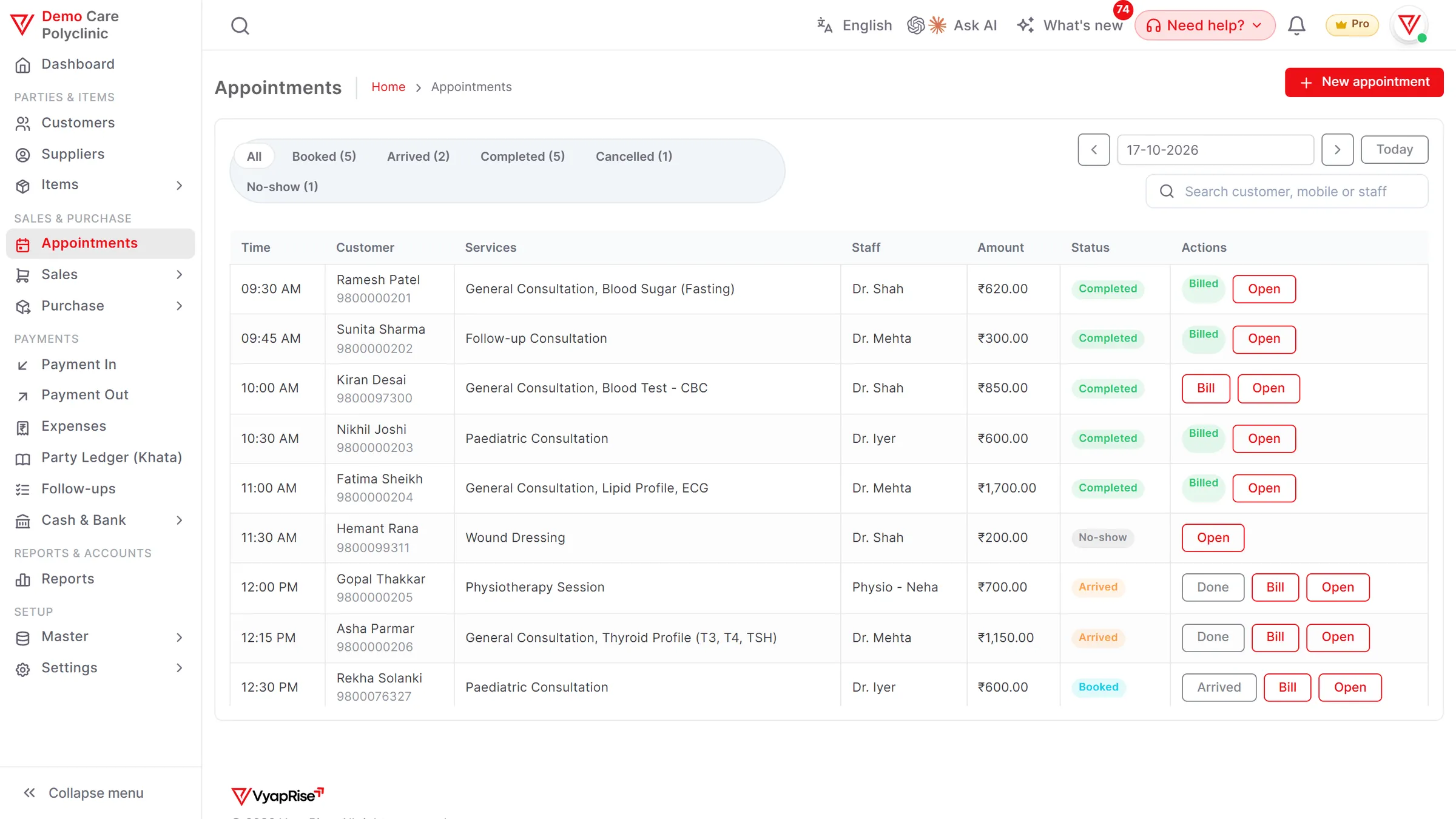 The VyapRise appointments day view at a demo clinic: the day's patients by time with doctor, consultations and tests and fees, each marked booked, arrived, completed or no-show, with Bill for unbilled visits.