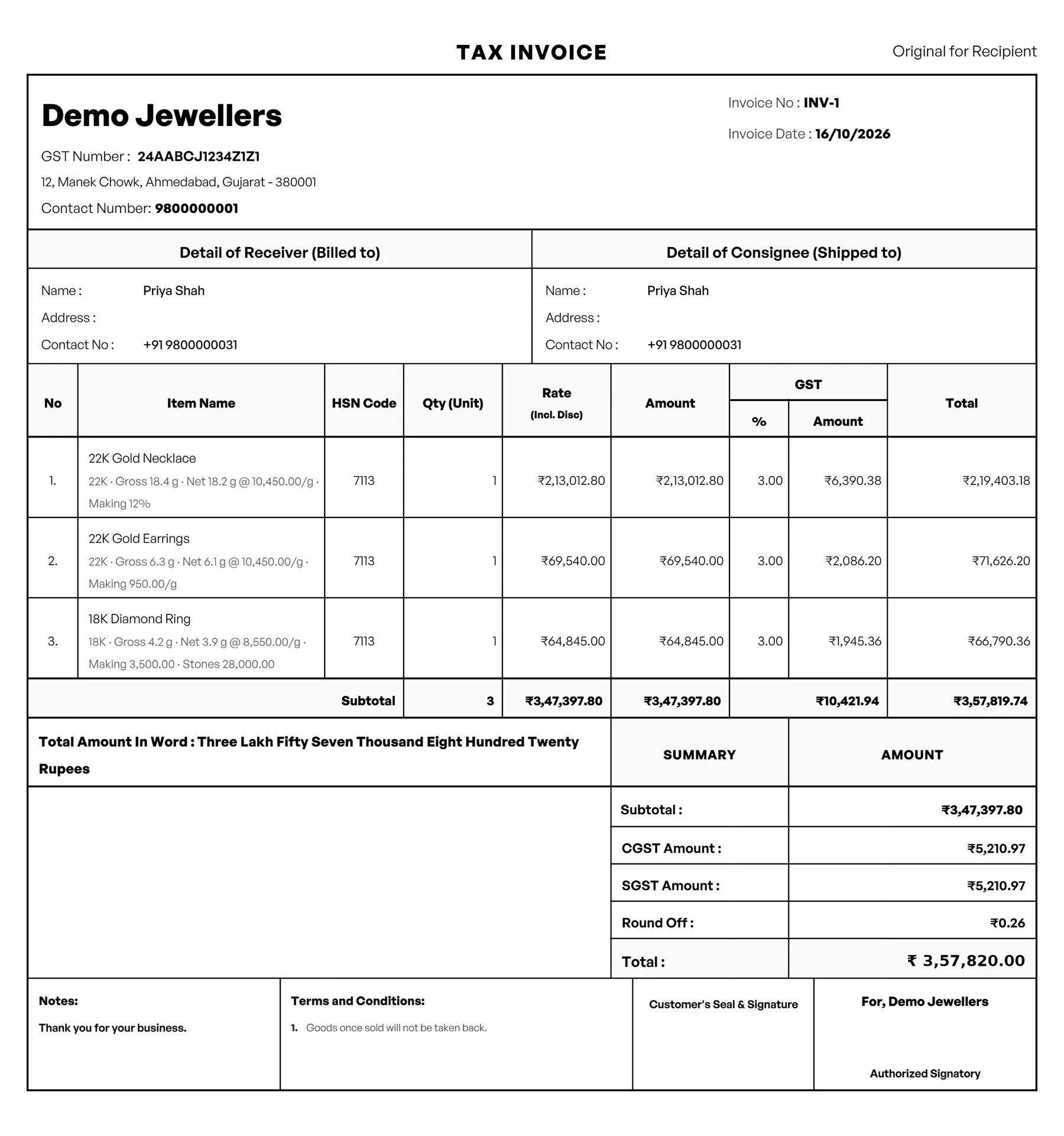 A VyapRise jewellery bill from a demo shop: a 22K gold necklace, 22K earrings and an 18K diamond ring, each with its gross and net weight, today's rate per gram, making charge and stones printed under the item, with 3% GST.