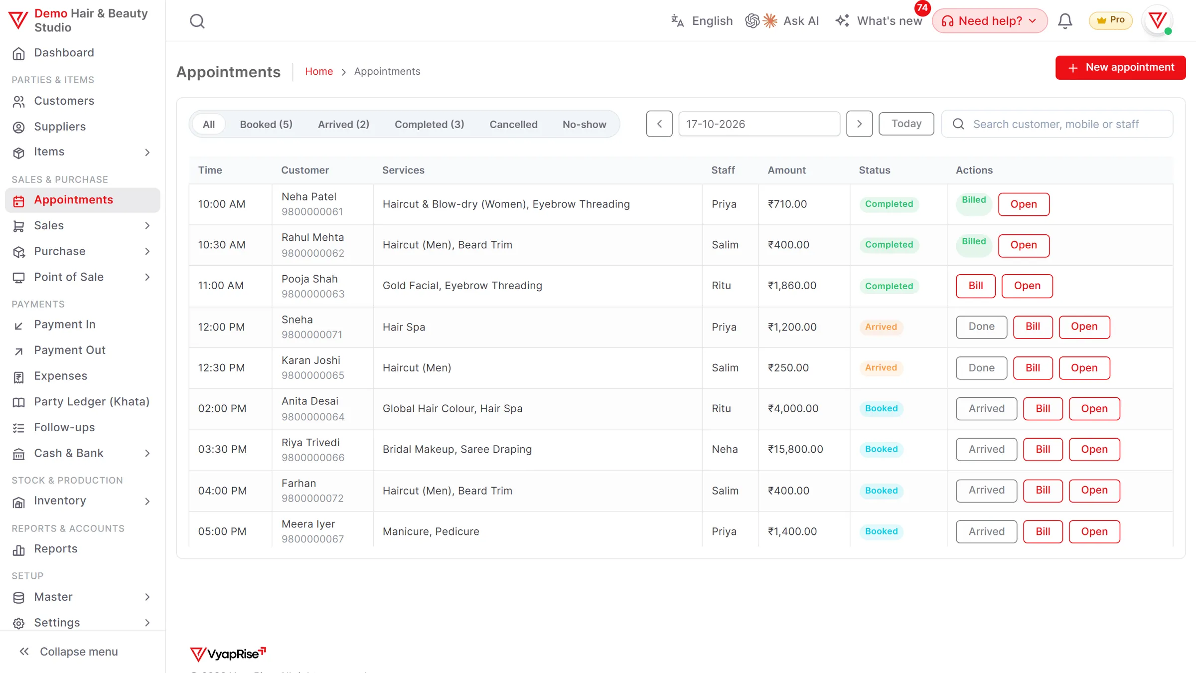 A demo salon's appointments for the day in VyapRise: times, customers, services, staff and amounts, with booked, arrived and completed status and Arrived, Done and Bill buttons on each row; finished appointments already billed.