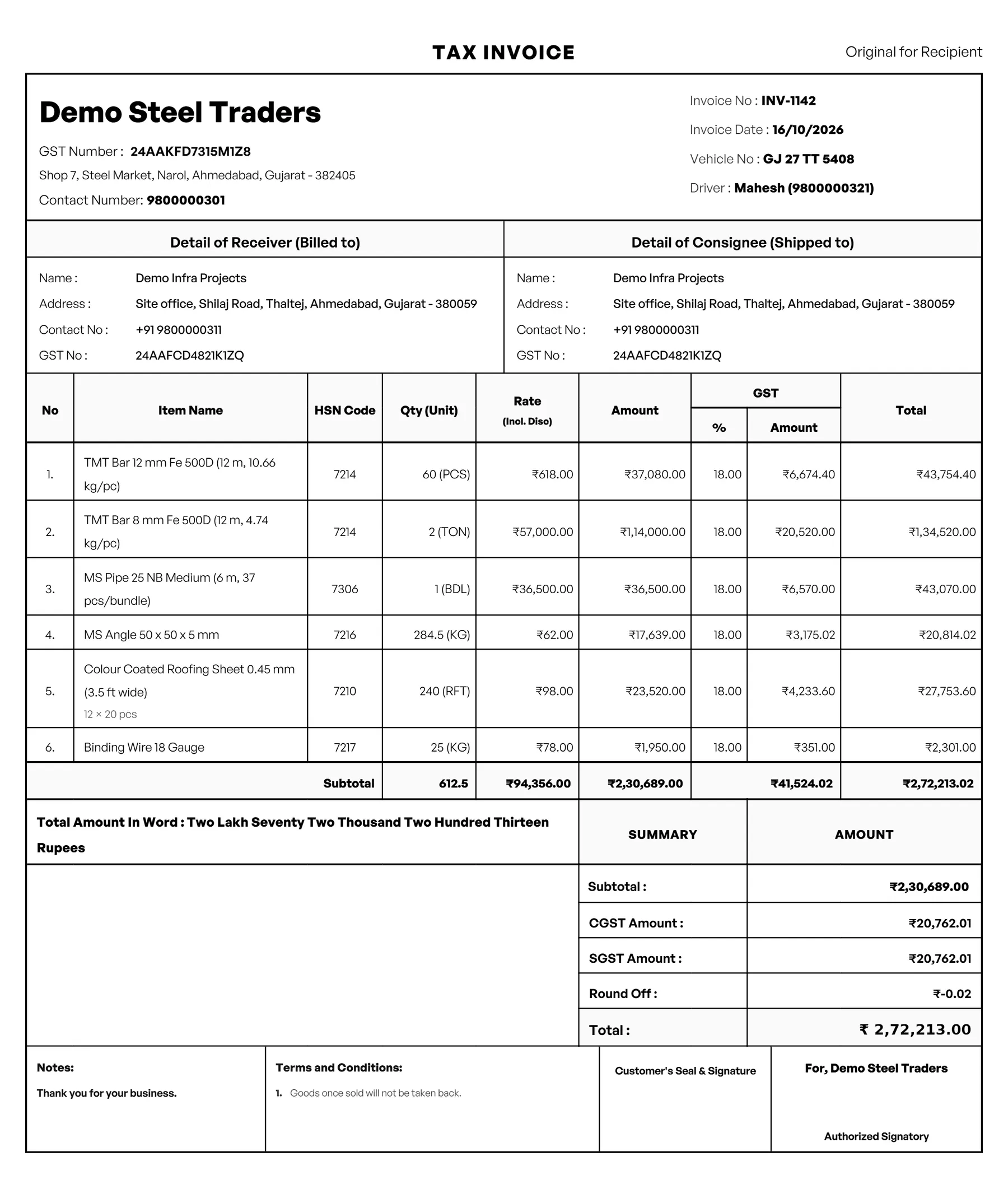 A VyapRise tax invoice from a demo steel trader: 12 mm TMT bars by the piece, 8 mm TMT by the ton, MS pipes by the bundle, MS angle weighed in kg and roofing sheets billed as 12 ft × 20 pcs, with HSN, 18% GST and the vehicle and driver.