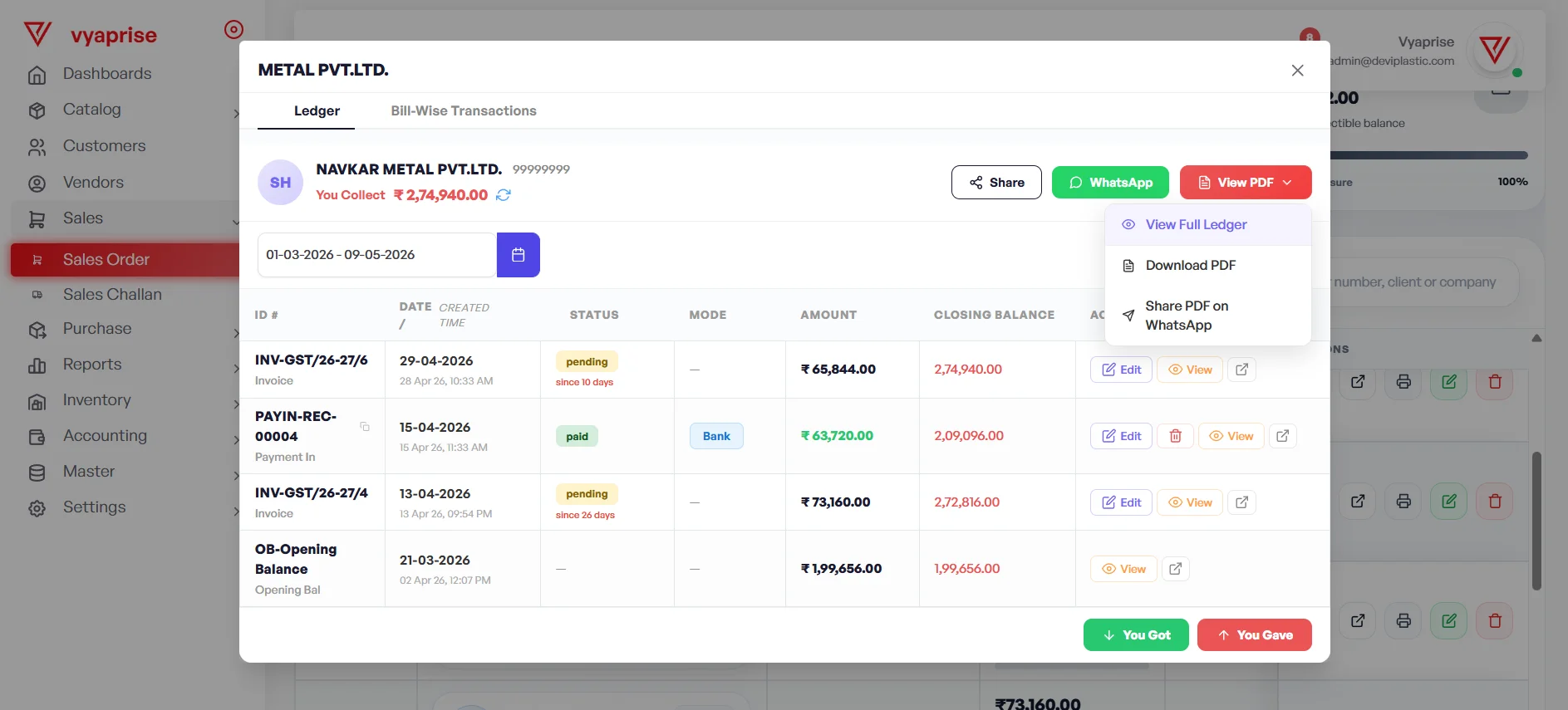 Vyaprise ERP Customer Ledger Dashboard Preview